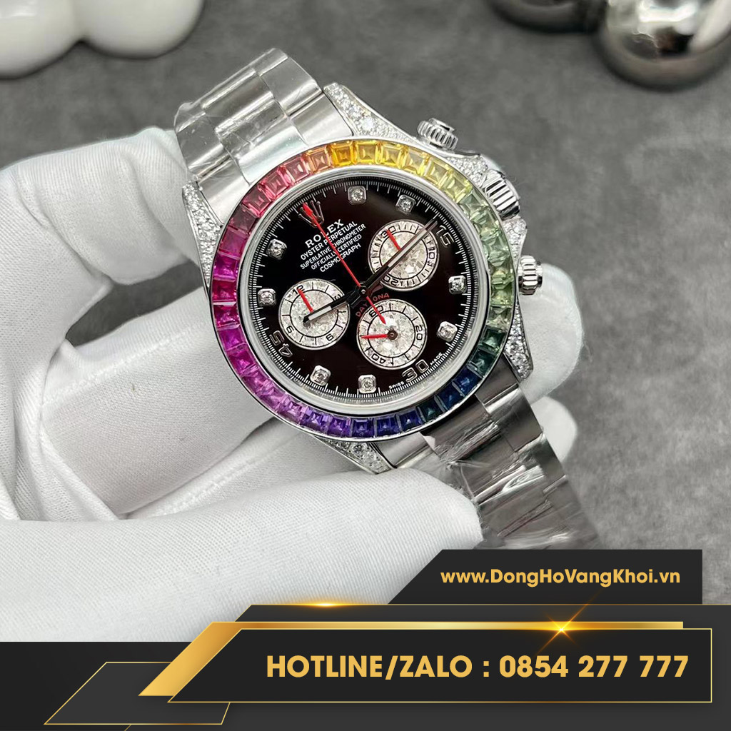 Đồng hồ Rolex daytona cosmograp rainbow chế tác vàng trắng 18k, kim cương thiên nhiên