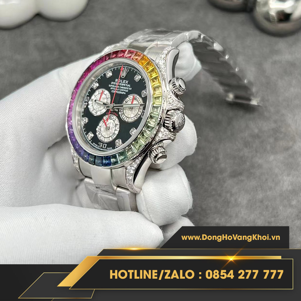 Đồng hồ Rolex daytona cosmograp rainbow chế tác vàng trắng 18k, kim cương thiên nhiên