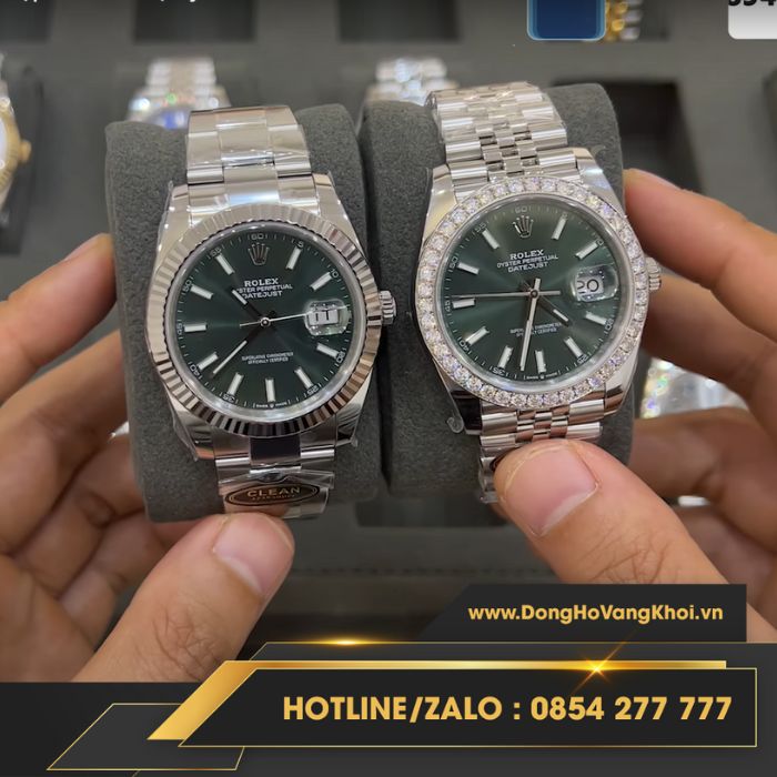 Đồng hồ Rolex Datejust mặt số xanh lá cây cọc số dạ quang niềng băm và niềng kim