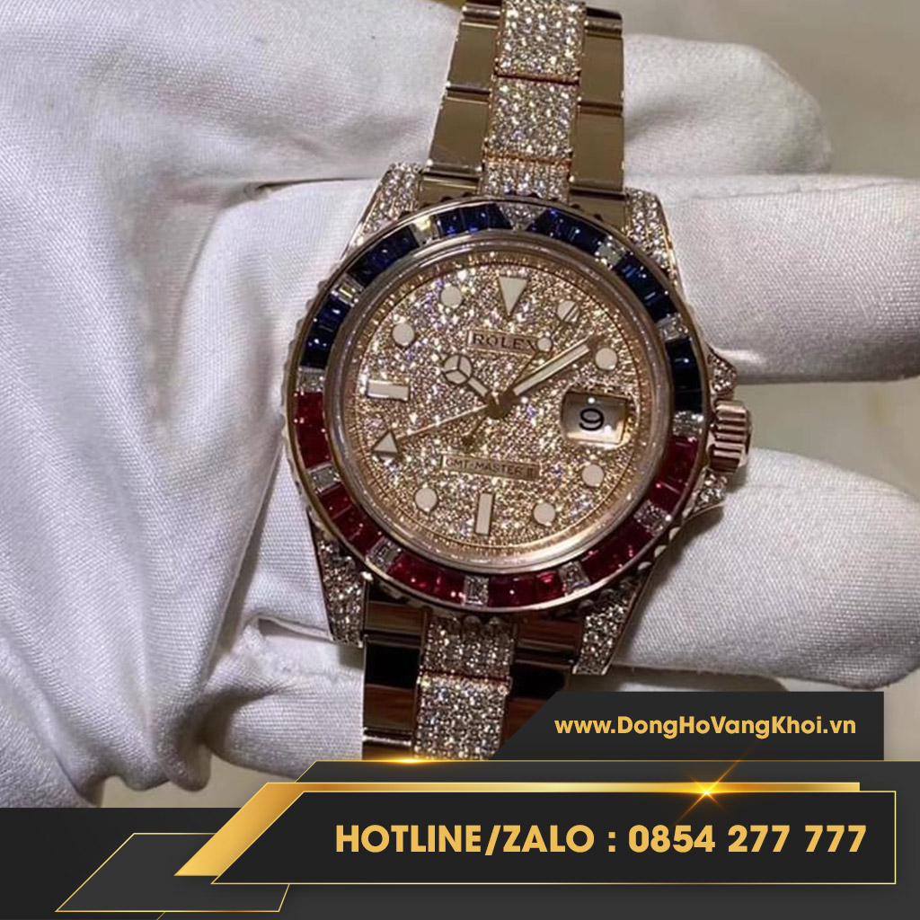 Đồng hồ Rolex GMT II 126755saru chế tác vàng nguyên khối 18k, kim cương thiên nhiên